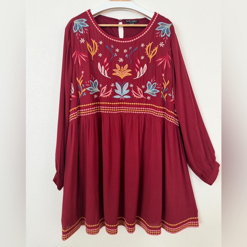 Embroidered Burgundy Tunic Top 2X